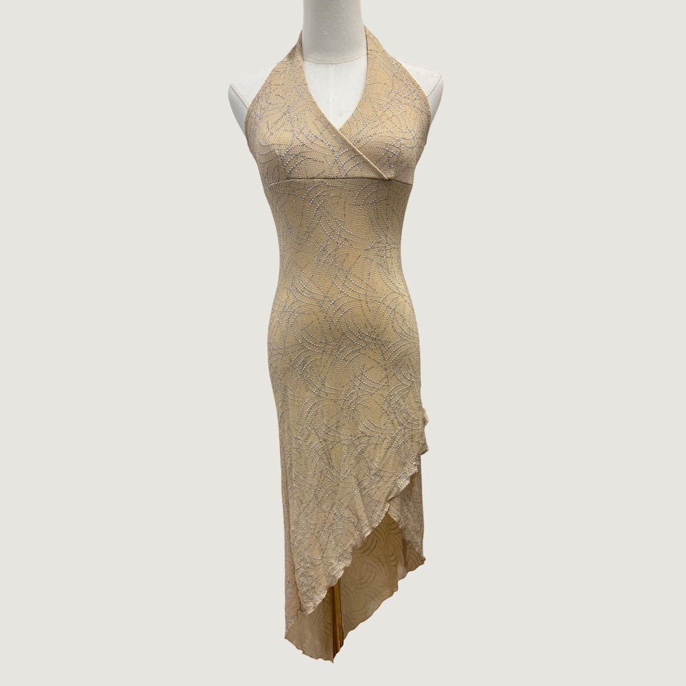 Y2K Anna Bella Gold Silver Glitter Halter Asymmetrical Hem Midi Dress Small Hoco